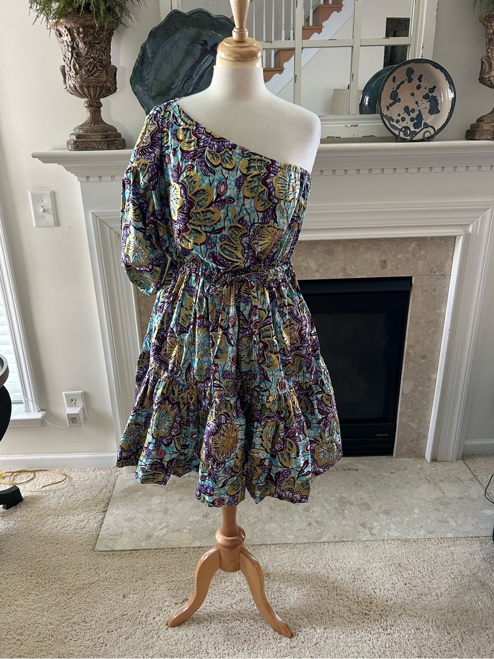 Francis + Benedict One-Shoulder Floral Tiered Dress in Multi Bold Print